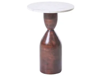 Beliani Tavolino Decorativo Con Base In Legno Di Mango E Piano In Marmo Per Soggiorno Rotondo Marrone Wallula
