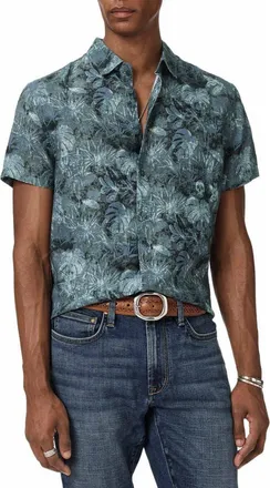 John Varvatos Sean Leaf Print Short Sleeve Linen Button-Up Shirt in Steel Blue at Nordstrom, Size Xx-Large