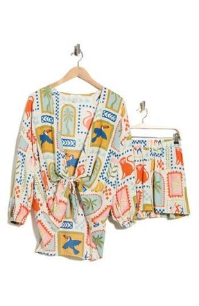 Nordstrom Rack Flowy Beach Cover-Up Cardigan & Shorts Set in Ivory Animal Multi Tile at Nordstrom Rack, Size X-Small