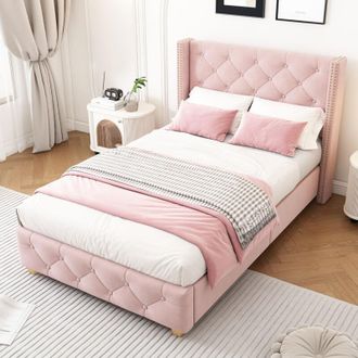 C&A Pink Velvet Single Bed(3ft,90x190cm)with Slatted Frame,Headboard,and Button&Rivet Upholstery