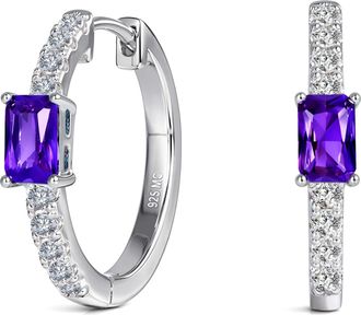 MAX + STONE 925 Sterling Silver Emerald Cut Round Gemstone Hoop Earrings with Cubic Zirconia