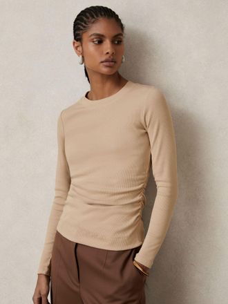 Reiss Camel Cotton Long-sleeve Ruched T-shirt With Stretch, XS