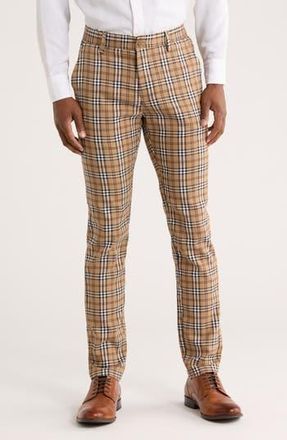 T.R. Premium Slim Fit Flat Front Plaid Dress Pants in Beige at Nordstrom Rack, Size 42 X 32
