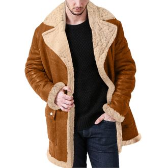 Generic Men Plus Size Winter Zipper Coat Lapel Collar Long Sleeve Padded Leather Jacket Vintage Thicken Coat Sheepskin Jacket Ewing Jacket