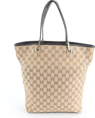 Gucci Beige Black Brown Leather Canvas Handbag Shoulder Bag Tote Bag (Pre-Owned)