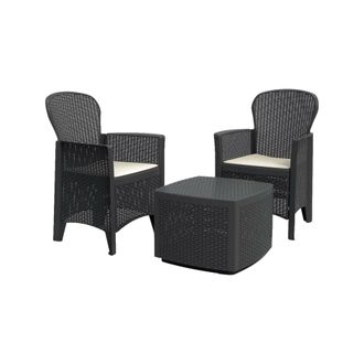 OEM Set Salotto Da Esterno, Set Da Giardino Con 2 Poltrone Ed 1 Tavolino Contenitore, Salottino Effetto Rattan, 100% Made In Italy, Antracite