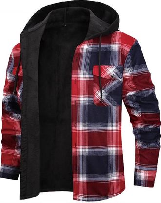 Generic Fleece Jacket Mens Warm Sherpa Lined Flannel Plaid Coats Plus Size Casual Thicken Thermal Button Down Outdoor Hiking Work Hooded Jacket with Pockets R