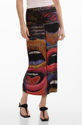 Desigual Repeating Print Midi Skirt in Black at Nordstrom, Size X-Small