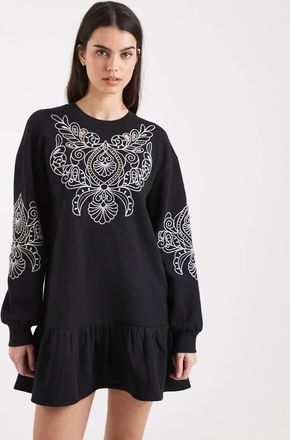 Miss Selfridge Vestito felpato ricamato con vita scesa-Nero