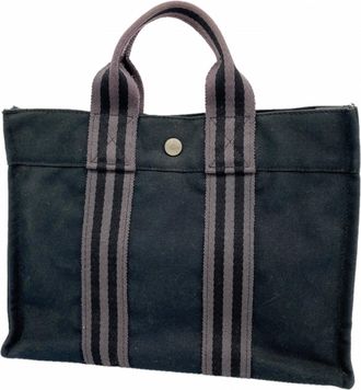 Herm&egrave;s Black Gray Canvas Tote Bag (Pre-Owned)