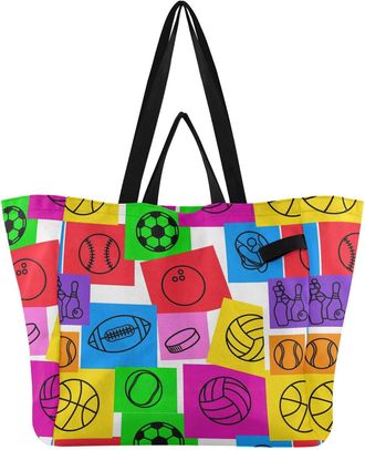 Generic Baseball Colorful print Reusable Canvas Tote Bag, Heavy Duty Grocery Shopping Bag with Hard Bottom Double Handles Large Capacity Work Groceries Travel