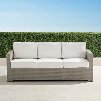 Frontgate Small Palermo Sofa with Cushions in Dove Wicker - Standard, Snow with Logic Bone Piping - Frontgate
