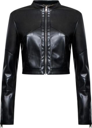 Silvian Heach Bikerjack van leer en stof - Dames - Zomerjassen - Zwart - XL - Leer - Jassen