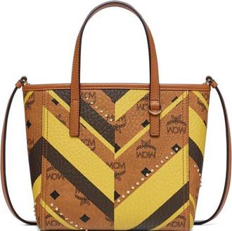 MCM Studded Toni Top-Zip Shopper in Mega Herringbone Visetos in Cognac at Nordstrom