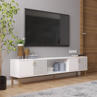 Dmora Mueble Para Tv Imerese, 2 Puertas, 3 Compartimentos, Apertura Abatible, 180x30x45h Cm Blanco