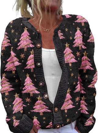 Generic Christmas Cardigan for Women Ugly Funny Xmas Vibes Holiday Tops Casual Long Sleeve Fall Winter Button Down Knit Sweater