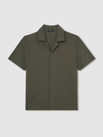 Reiss Dark Green Jacquard-stripe Cuban-collar Shirt, Xxl