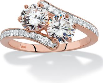 Palm Beach Jewelry 2.20 Cttw. Rose Gold-Plated.925 Silver Round Cubic Zirconia 2-Stone Bypass Ring