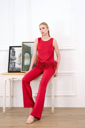 Julie Brown Bello Feather Hem Crop Top In Rosie Red