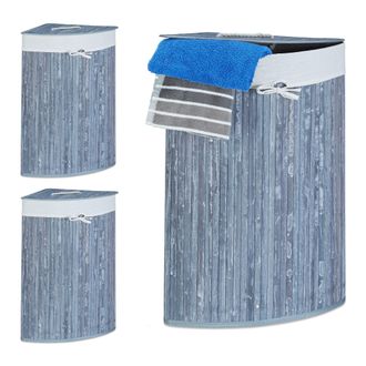 Relaxdays 3x Cestos Ropa Sucia Esquinero, Cubo Colada Plegable Con Tapa, Canasta, Bamb&uacute;, 65 X 49,5 X 37 Cm, Gris