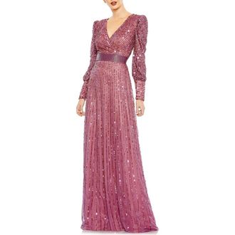 Mac Duggal Sequined Wrap Over Bishop Sleeve Gown in Mauve at Nordstrom, Size 22