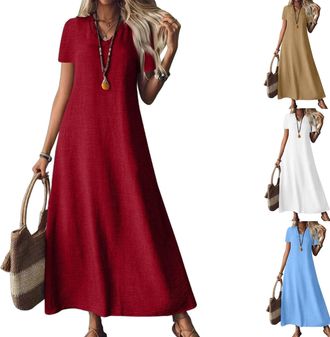 Generic Casual Summer Modest Long Flowy Beach Vacation Dresses,Maxi Shirt Dresses for Women 2025,Long Linen Dress (Red,XXL)