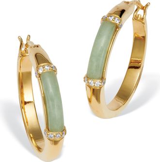 Palm Beach Jewelry 18 TCW CZ Cabochon Cut Genuine Green Jade 18k Yellow Gold-plated Hoop Earrings