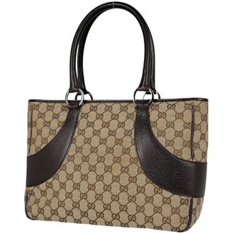 Gucci Gg Canvas Beige Brown Gg Canvas Leather Tote Bag (Pre-Owned)