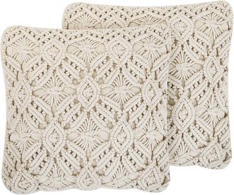 Beliani Conjunto De Cojines Decorativos De Algod&oacute;n Beige Macram&eacute; 45 X 45 Cm Cuerda Boho Retro Esenkoy
