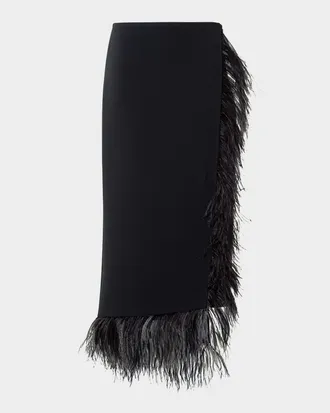 Akris Feather-Trim Wool Stretch Double Face Midi Wrap Skirt