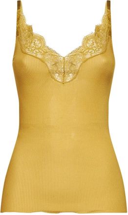 Saint Laurent Tops, Dames, Geel, S, Tanktop met kant in geribbelde zijde