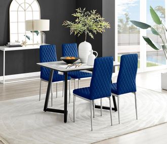 Furniturebox Carson White Marble Effect Dining Table & 4 Velvet Milan Chairs in Navy