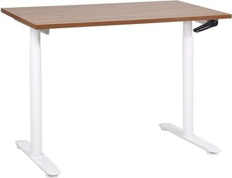 Beliani Escritorio De Altura Regulable Manualmente Oficina Moderna Patas Redondas 120 X 72 Cm Tablero Madera Oscura Estructura De Acero Blanco Destinas
