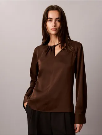 Calvin Klein Womens Satin Asymmetrical Long Sleeve Top - Brown - XS
