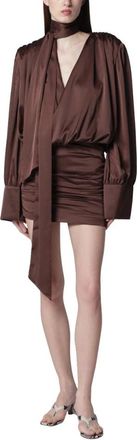 Rotate Rotate Birger Christensen, Kleedjes, Dames, Bruin, M, Chiffon, Chiffon LS V-neck Jurk