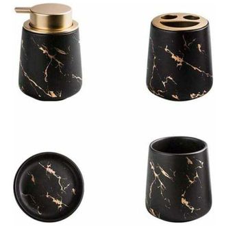 OEM Juego De 4 Accesorios De Ba&ntilde;o De Cer&aacute;mica Marmolada: Dispensador De Jab&oacute;n, Portacepillos, Vaso Y Jabonera, Color Negro Mate
