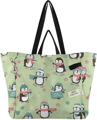 Generic Penguin Star Green pattern Reusable Canvas Tote Bag, Heavy Duty Grocery Shopping Bag with Double Handles Hard Bottom Large Capacity Work Groceries Tra