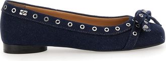 Ganni Blue Ballet Flats With Eyelet Details In Cotton Woman