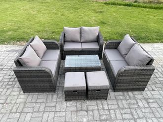 Fimous Outdoor Garden Furniture Sets 8 Seater Wicker Rattan Furniture Sofa Sets with Rectangular Coffee Table Love Sofa 2 Small Footstool in Dark Grey