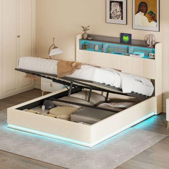 OEM Cama Cofre Adulto 140x190 Cm Terciopelo Beige - Cama Doble Con Somier, Almacenamiento Hidr&aacute;ulico Y Cabecera Led, 350 Kg