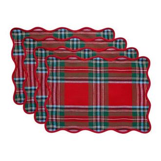 Solino Home Linen Placemats Set of 4, 14 x 19 Inch for Dining Table, Holiday and Everyday Table Decor - Giselle Scallop Edge in Madras Holiday Plaid