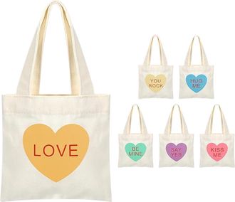 Generic Mini Canvas Tote, Valentine Heart Handbag Set, 6 Pieces Pack with Cute Prints, Cotton Carry Bag, Gift Favor with Romantic Design, Small Tote Bags for 