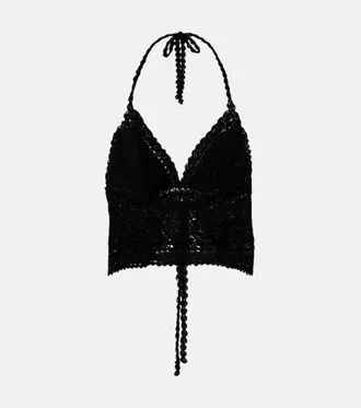 Anna Kosturova Filigree crochet halterneck cotton top