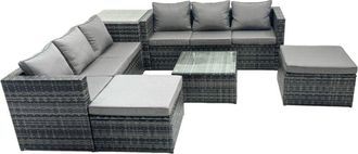 Fimous Outdoor Rattan Garden Furniture Set 8 Seater Patio Lounge Sofa Set with Square Coffee Table Side Table 2 Big Footstools Dark Grey Mixed - Fimous