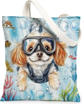 Generic Pop Art Bloodhound Dog Canvas Tote Bag for Shopping 13x15, Ocean Sea Nautical Puppy Reusable Grocery Print Bag for Women, Fun Pet Beach Aesthetic Pain