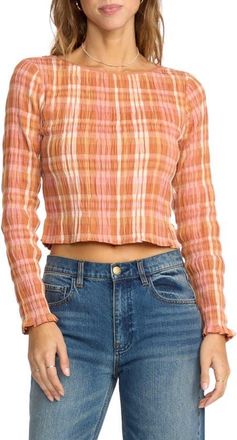 Billabong Check Me Out Plaid Smocked Crop Stretch Cotton Top in Sunburnt at Nordstrom, Size Medium