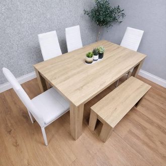Kosy Koala Oak Effect Dining Table Set With 4 White Chairs & Bench in Brown