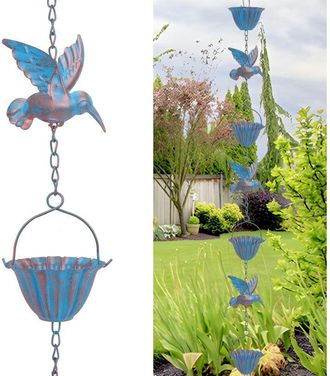 OEM Cadena De Lluvia De Colibr&iacute; De 2,4 M (8 Pies) - Cadena De Metal Azul Retro, 8 P&aacute;jaros Y 7 Vasos Para Canaletas, Jard&iacute;n Y Decoraci&oacute;n Del Hogar
