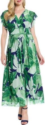 London Times Cap Sleeve Mesh Maxi Dress in Navy/Green at Nordstrom Rack, Size X-Large