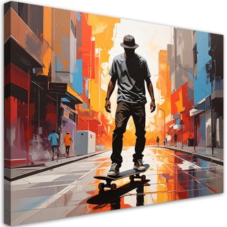 Feeby Cuadro Sobre Lienzo Hombre En La Calle De La Ciudad En La Luz Del Atardecer 100x70